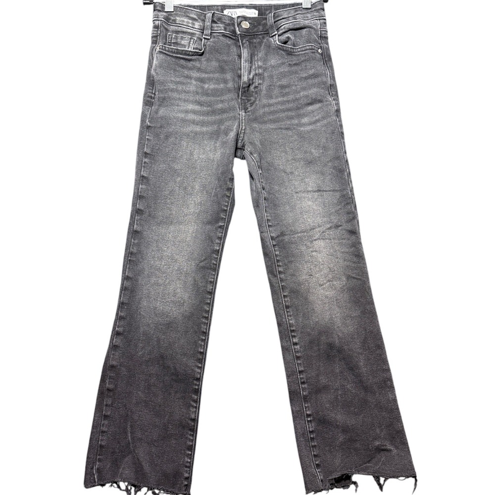 Zara Jeans Women Size 2 Black High Rise Raw Hem Straight Leg Faded Denim